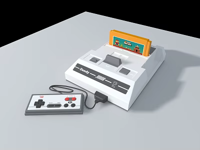 Classic Retro Entertainment Console With Inserted Game Cartridge And Wired Controller 3d model