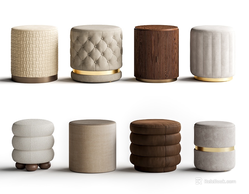 Various Designed Ottoman Stools With Neutral Tones Fabric Wood And Gold Accents 3d model 