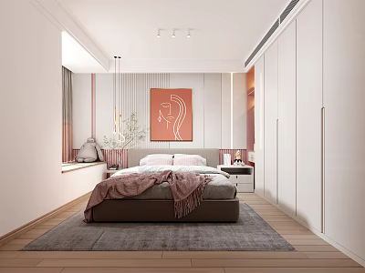 Modern Kids Room Interior Design With Cozy Bed White Wardrobe And Colorful Wall Art 3d model