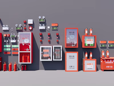 Wall Mounted Fire Safety Equipment With Red Extinguishers Cabinets And Alarm Devices 3d model
