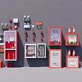 Wall Mounted Fire Safety Equipment With Red Extinguishers Cabinets And Alarm Devices