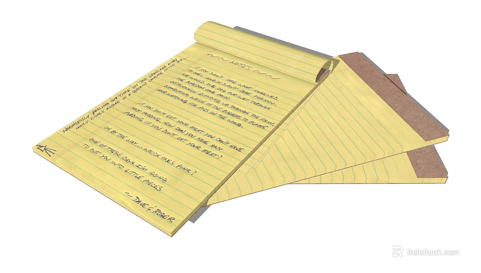 Lined Notebook with Handwritten Text on Yellow Paper Stacked Open 3d model