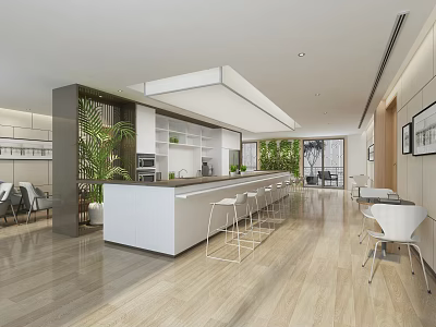 Modern Café Interior With Open Design Counter Bar Stools Green Plants And Wooden Flooring 3d model