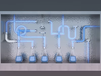 Industrial Equipment With Piping System Glass Flasks And Control Valves On Metal Surface 3d model