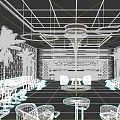 Stylish Bar Featuring Circular Pendant Lights Round Counter Blue Booths Red Stools And Palm Trees