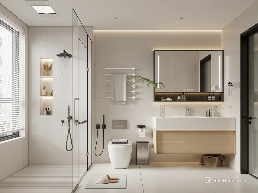 Modern Bathroom Interior Design With Glass Shower Large Mirror Beige Vanity And White Tiles 3d model 