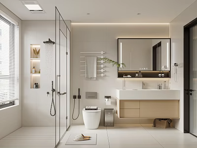 Modern Bathroom Interior Design With Glass Shower Large Mirror Beige Vanity And White Tiles 3d model