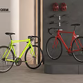 Neon Yellow and Red Road Bicycles with Wall Mounted Helmets and Bike Rack