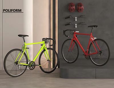 Neon Yellow and Red Road Bicycles with Wall Mounted Helmets and Bike Rack 3d model