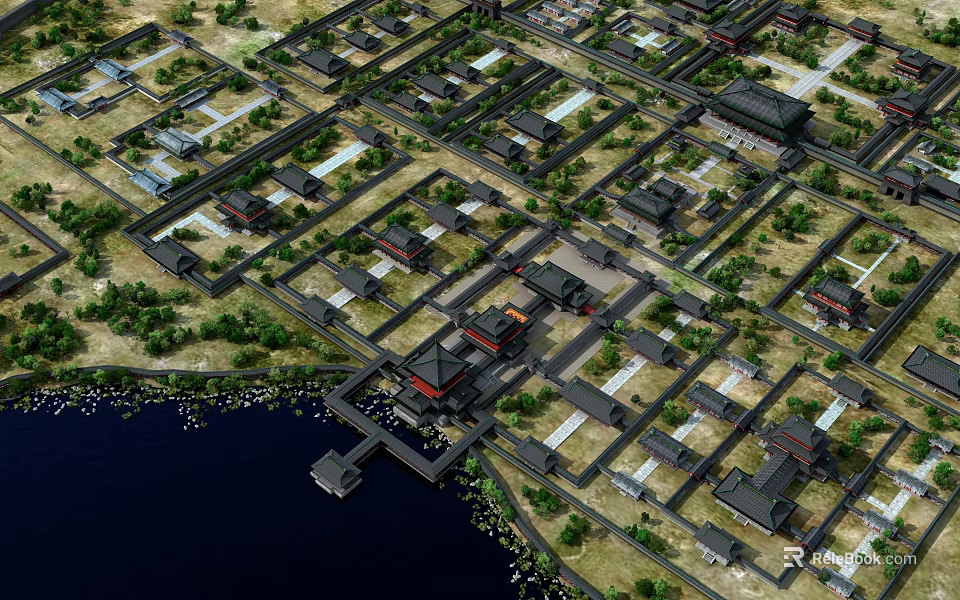 Aerial View Of Ancient Architecture Complex With Traditional Layout By Water 3d model 