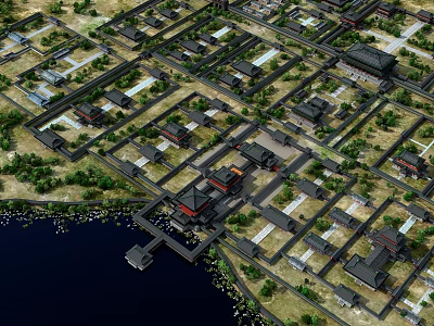 Aerial View Of Ancient Architecture Complex With Traditional Layout By Water 3d model