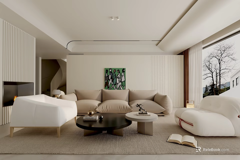 Modern Living Room Interior With Beige Sofa Black Coffee Table And Green Decorative Painting 3d model 