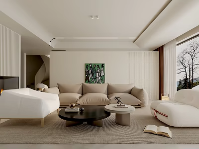 Modern Living Room Interior With Beige Sofa Black Coffee Table And Green Decorative Painting 3d model