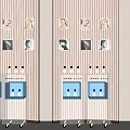 Vertical Striped Background Wall with Portrait Paintings on Shelves and Blue Cabinet Carts with Lighting