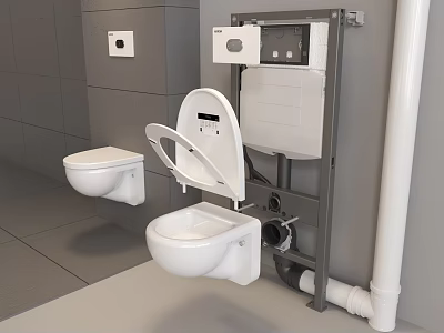 Modern Wall Mounted Toilets With Gray Tiled Wall And Water Tank Unit 3d model