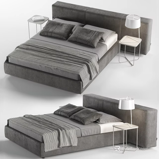 Minimalist Double Bed Interior With Upholstered Headboard Striped Bedding Nightstands And Table Lamps 3d model 