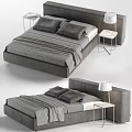 Minimalist Double Bed Interior With Upholstered Headboard Striped Bedding Nightstands And Table Lamps