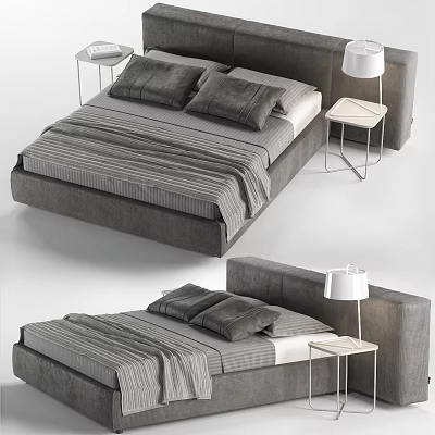 Minimalist Double Bed Interior With Upholstered Headboard Striped Bedding Nightstands And Table Lamps 3d model