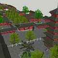 Classic Ancient Architecture Complex Featuring Red Roofs Central Archway And Green Trees