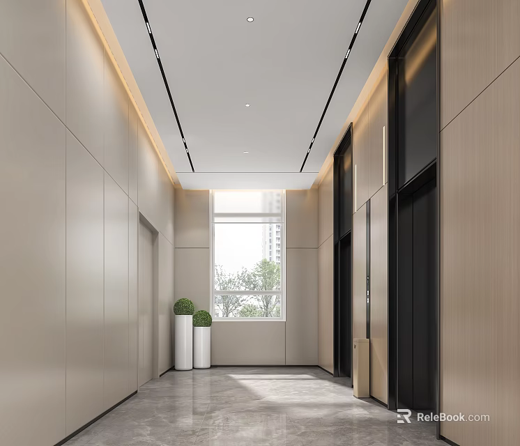 Modern Elevator Hallway with Light Colored Walls Marble Floor Ceiling Lighting and Green Plants 3d model 