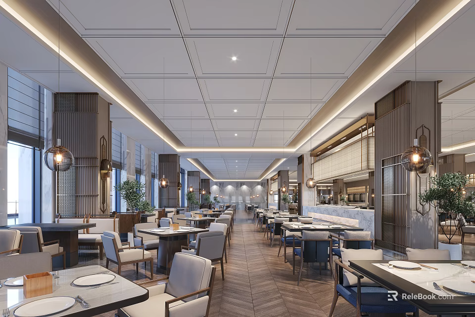Modern Restaurant Interior With Wooden Decor Hanging Pendant Lights Dining Tables And Warm Lighting 3d model 
