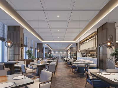 Modern Restaurant Interior With Wooden Decor Hanging Pendant Lights Dining Tables And Warm Lighting 3d model