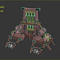 Wooden Medieval Catapult Device With Wheels And Complex Mechanical Structure 3d model