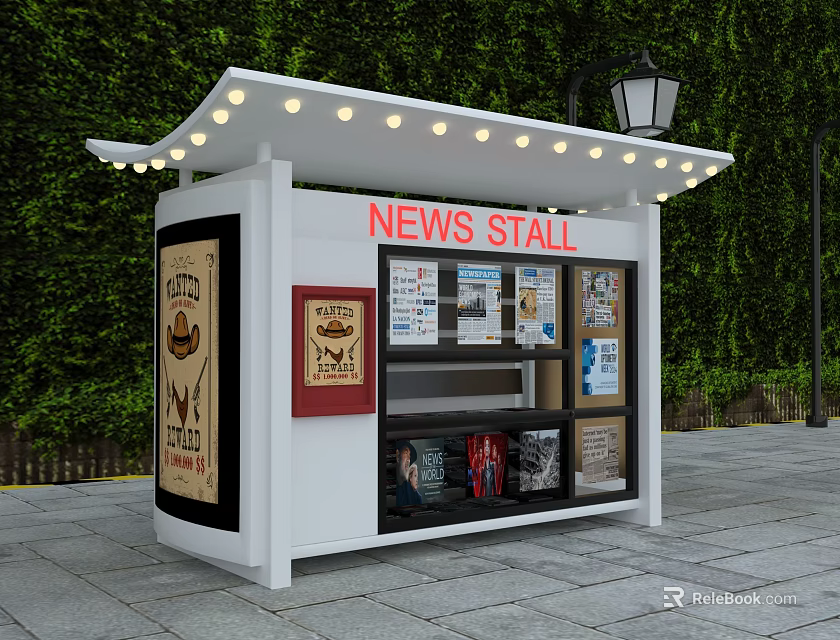 Outdoor White News Stall With Red Signage Illuminated Top And Newspapers 3d model 