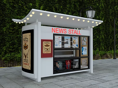 Outdoor White News Stall With Red Signage Illuminated Top And Newspapers 3d model