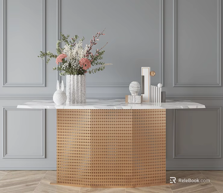 Console Table With Marble Top Gold Perforated Base Flowers And Geometric Decorations On Gray Wall 3d model 