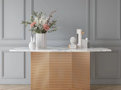 Console Table With Marble Top Gold Perforated Base Flowers And Geometric Decorations On Gray Wall 3d model