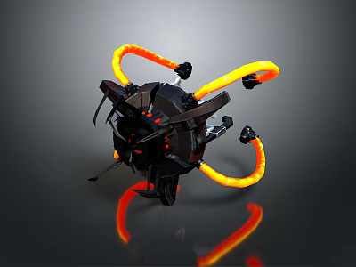 Industrial Landscape Featuring Black Mechanical Device With Orange Glowing Pipes And Gray Background Reflection 3d model