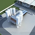 Modern Multi Story Industrial Factory Building With Metal Roof Storage Silos And Green Landscape