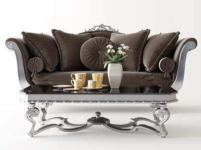 Elegant Brown Sofa with Pillows and Black Coffee Table Set with Silver Legs and Vase 3d model