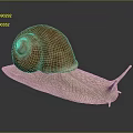 Pinkish Spotted Snail With Spiral Shell And Textured Body On Dark Reflective Surface