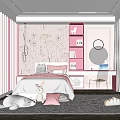 Pink Kids Room Interior With Floral Wall Decor Rabbit Plush Study Desk And Mirror