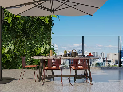 Outdoor Table On Terrace With Umbrella Chairs Greenery Wall And City View 3d model