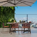 Outdoor Table On Terrace With Umbrella Chairs Greenery Wall And City View