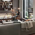 Modern Living Dining Room Interior Design With Sofa Coffee Table Bookshelf Window And Painting