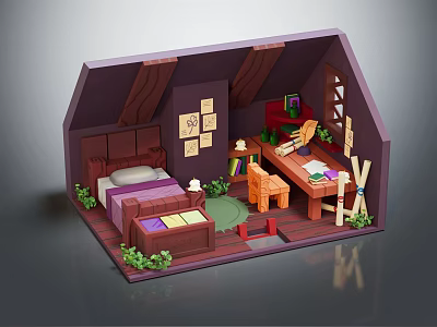 Cartoon Room Scene With Bed Desk Chair Bookshelf Wall Art And Plants 3d model