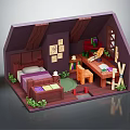 Cartoon Room Scene With Bed Desk Chair Bookshelf Wall Art And Plants