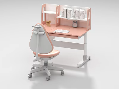 Pink And White Kids Desk With Bookshelf Chair Alarm Clock And Supplies 3d model
