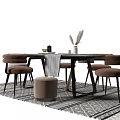 Rectangular Marble Dining Table Set With Brown And Beige Chairs Geometric Rug And Decorative Vase 3d model