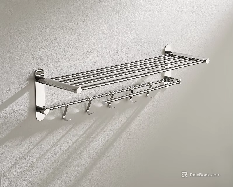 Modern Wall Mounted Bathroom Cabinet Rack with Stainless Steel Shelf and Multiple Hooks 3d model 