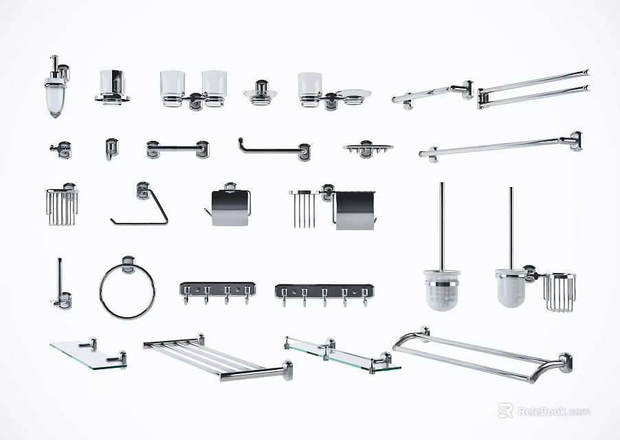 Modern Stainless Steel Bathroom Accessories Including Towel Racks Toilet Brush Holders And Hooks 3d model 