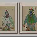Traditional Chinese Opera Character Paintings In Wooden Frames With Painted Faces And Weapons