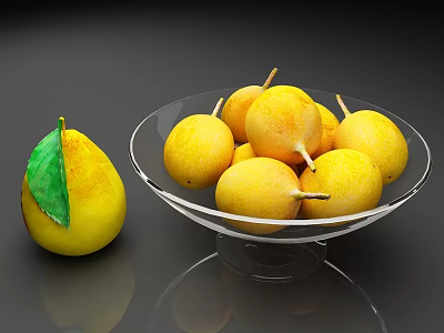 Fresh Yellow Pears in Transparent Glass Bowl with Single Pear and Green Leaf 3d model