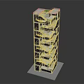 Vibrant Cartoon Scene Featuring Modern Geometric Building With Balconies And Green Rooftop