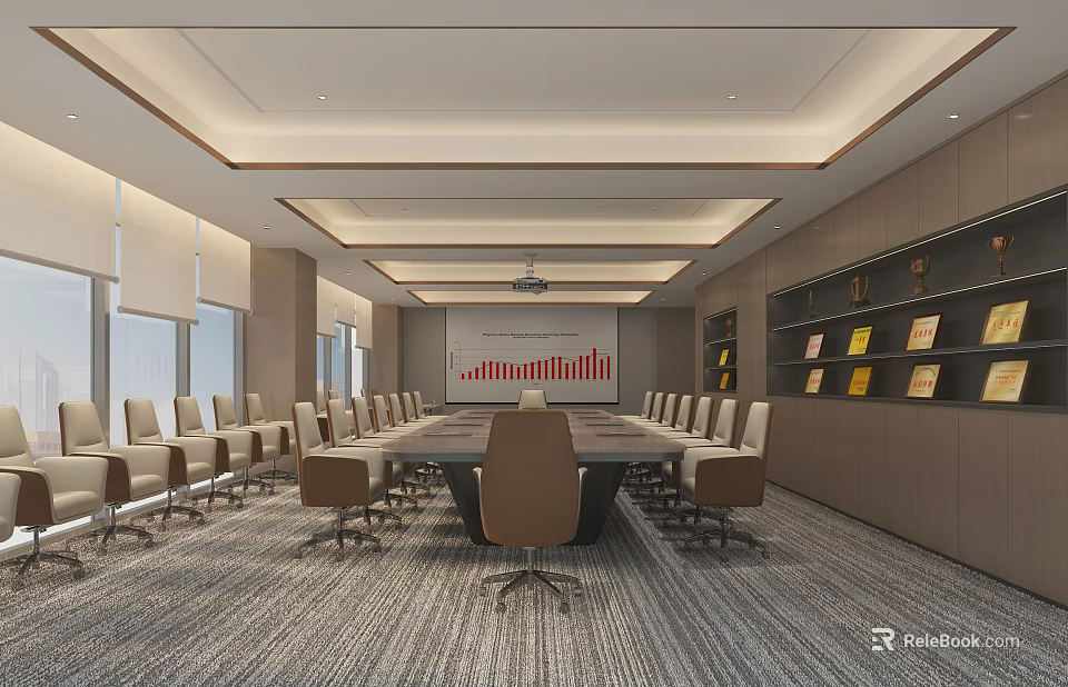 Spacious Modern Conference Room With Long Table Chairs Projection Screen Bookshelves And Large Windows 3d model 
