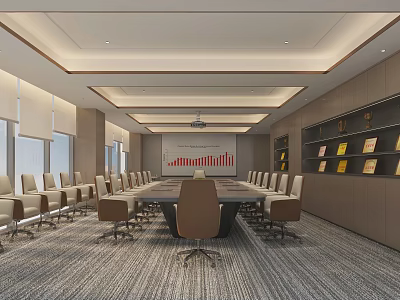 Spacious Modern Conference Room With Long Table Chairs Projection Screen Bookshelves And Large Windows 3d model